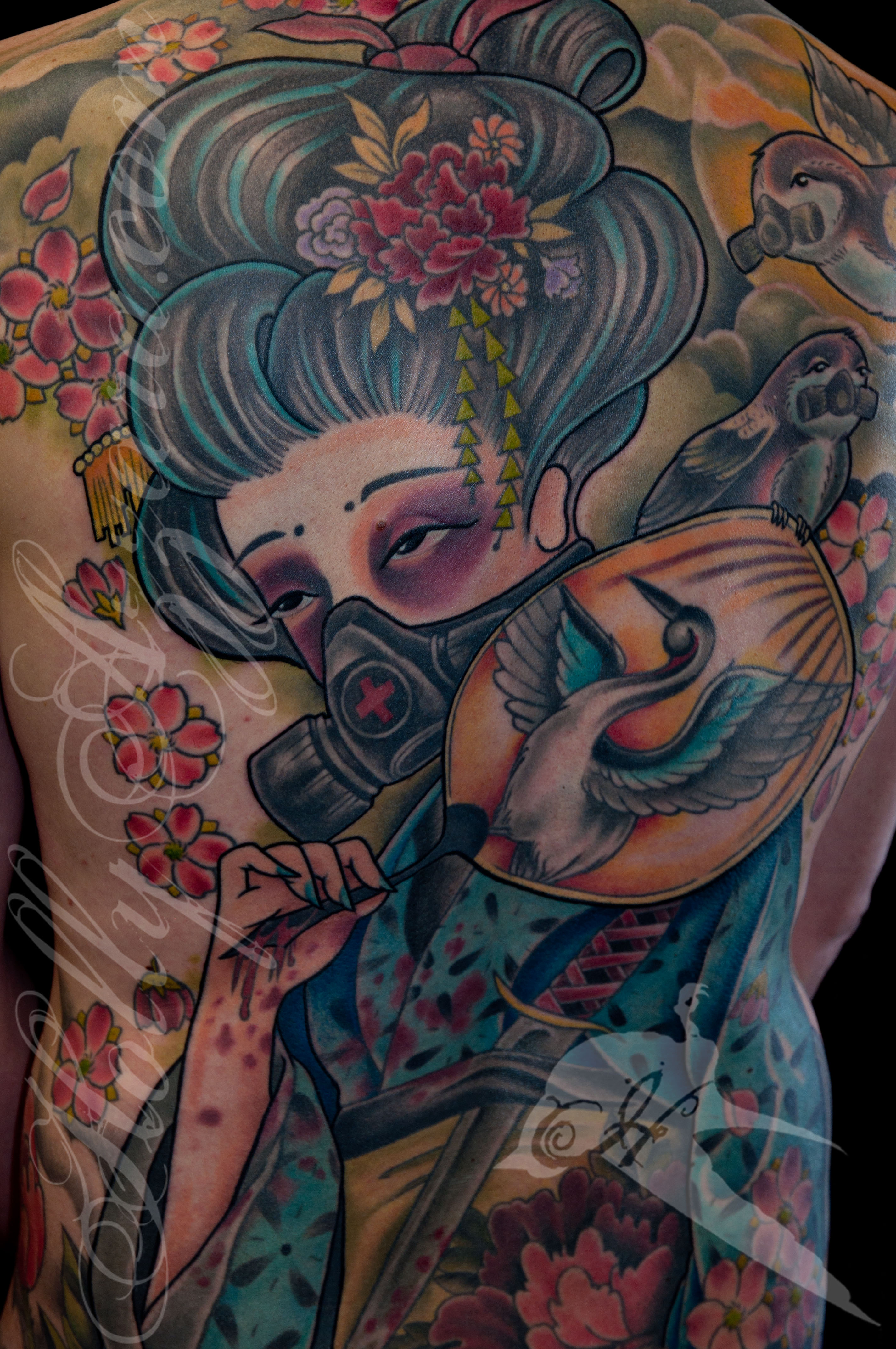 Justins Geisha with a gas mask back piece detail by Holly Azzara : Tattoos