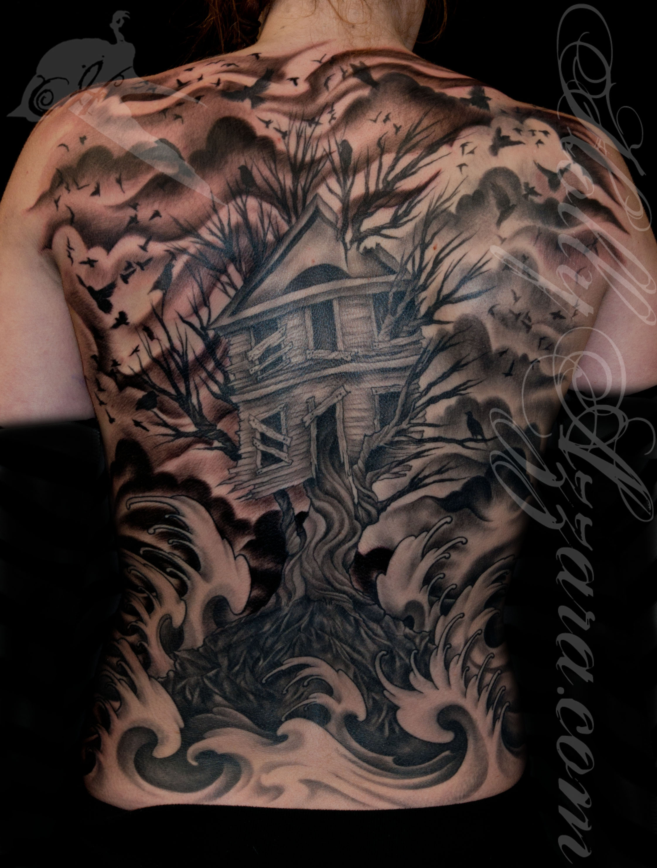 Stormy House in Tree Back piece by Holly Azzara : Tattoos