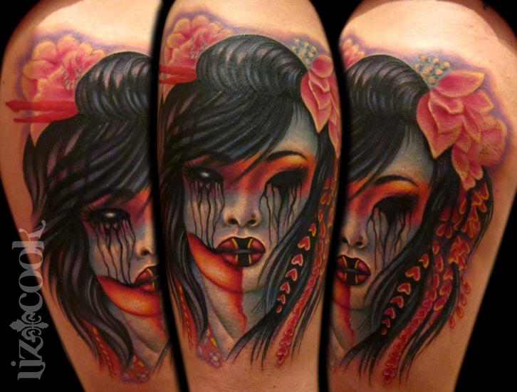 Geisha Tattoo On Dark Skin | dark geisha thigh piece by liz cook tattoos Geisha Tattoo On Dark Skin | dark geisha thigh piece by liz cook tattoos