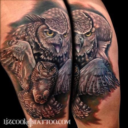 owls on thigh by liz cook tattoos owls on thigh by liz cook tattoos