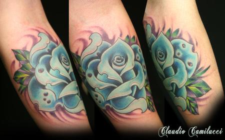 custom rose tattoo blue pretty flower forearm