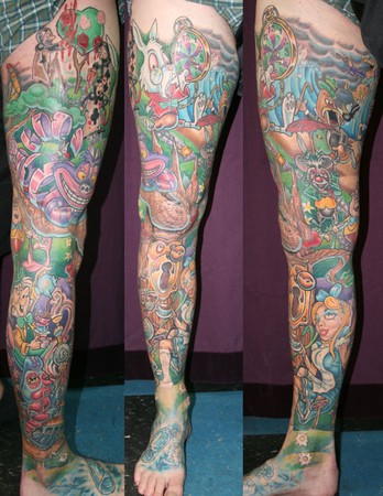 leg sleeve tattoos. alice in wonderland leg sleeve