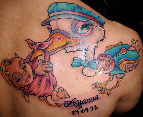 Tattoos - Jason Ackerman - stork and devil baby tattoo