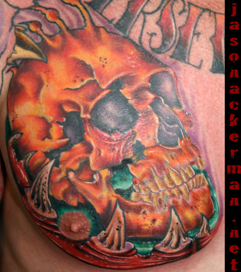 skull head tattoos. Tattoos by Jason Ackerman : Tattoos : Severed Head : semi realistic human skull in a bio-ish background
