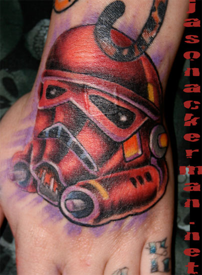 Jason Ackerman storm trooper hand tattoo