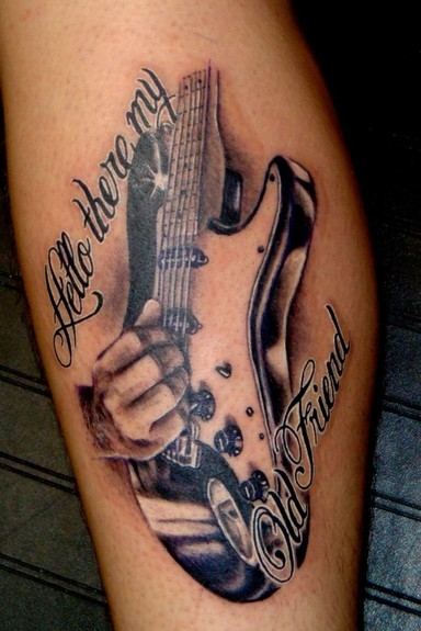 Tattoos Dan Stewart Black and Gray Guitar and Script Tattoo
