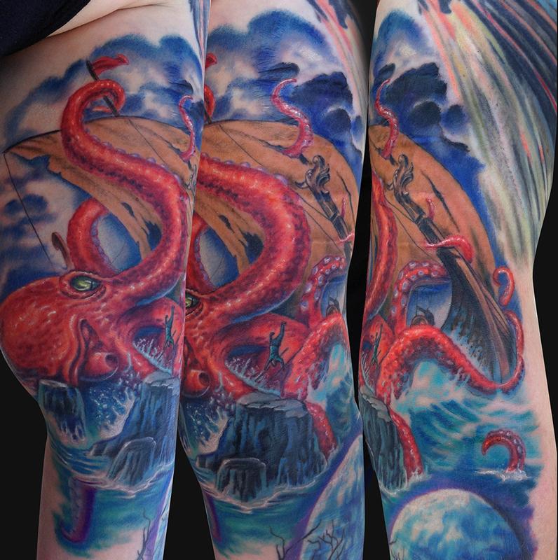 giant octopus and viking ship tattoo by jamie lee parker tattoonow giant octopus and viking ship tattoo by jamie lee parker tattoonow