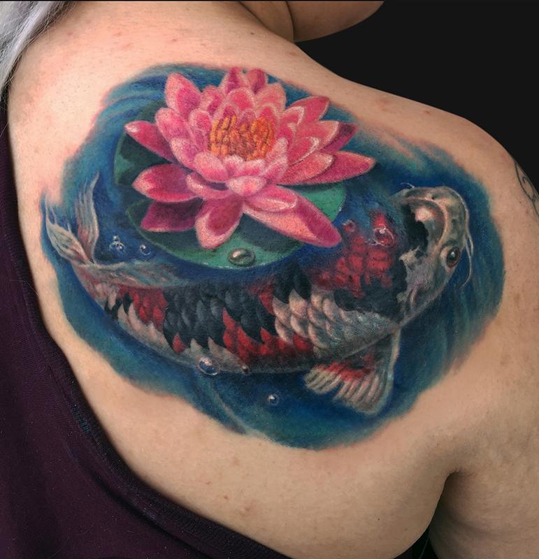 Koi Fish and Lotus Shoulder Tattoo by Jamie Lee Parker