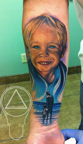 Brittan London Reese - Little Boy Color Portrait & Father / Son on Beach Tattoo
