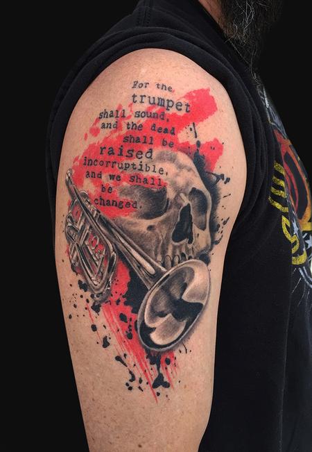 Tattoos - Trash Polka style Skull and Trumpet Tattoo - 99581