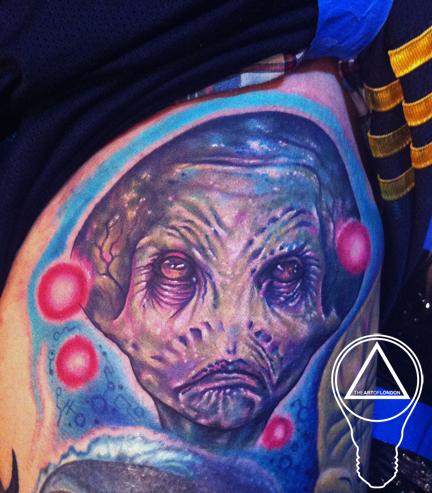 Alien Sculpture Color Portrait Tattoo Design Thumbnail