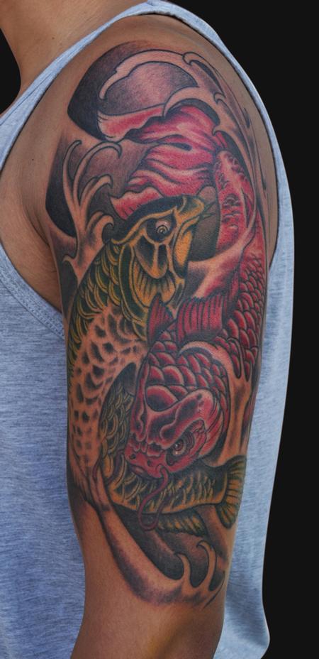 Jamie Parker - Fighting Arowana and Koi Fish Tattoo