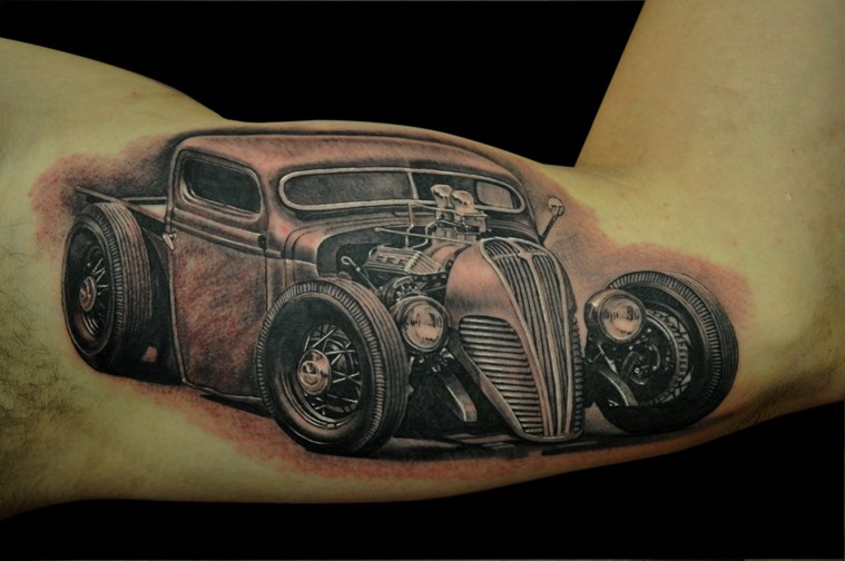 Comments This 1937 black and gray hotrod tattoo was super fun 