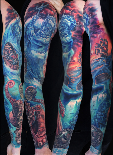 Tattoos - Poseidon Full Sleeve Ocean Tattoo - 98681
