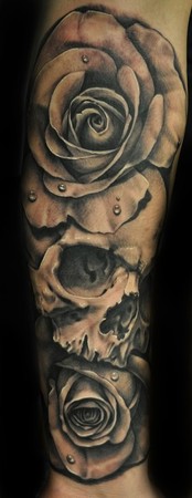 Skull And Roses Sleeve Tattoo