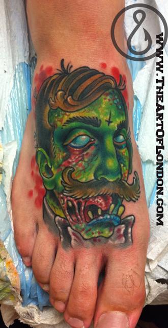 Dapper Victorian gentleman zombie tattoo on foot Mike is metal