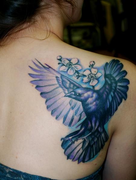 crow and blackberry flowers Tattoo Design Thumbnail