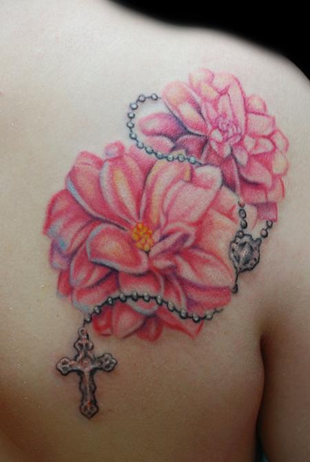 Mallory Johnstone - Dahlia with Rosary Tattoo