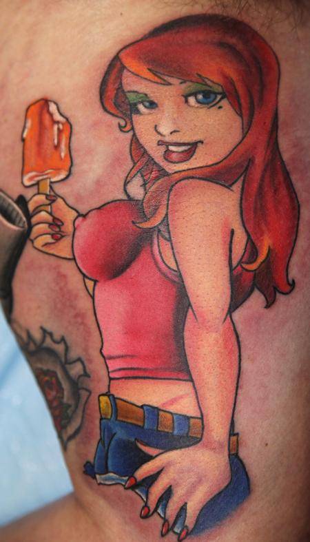 Mario Rosenau - colored cartoon portrait of pin up tattoo