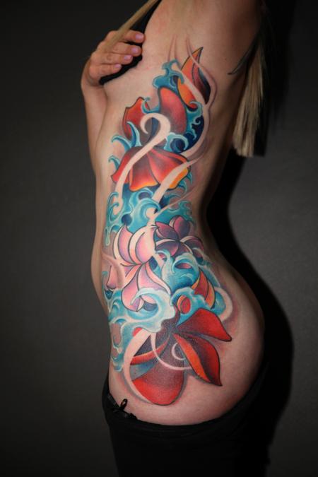 Mario Rosenau Color flower custom side tattoo Mario Rosenau Color flower custom side tattoo