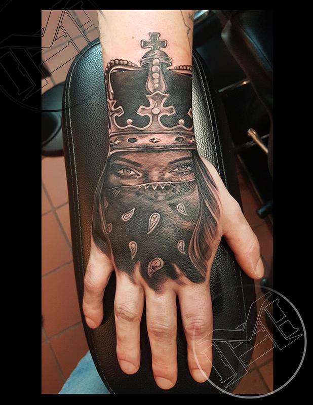 Hand Tattoo Girl With Bandana | hand piece of girl with crown and bandana by mike christie Hand Tattoo Girl With Bandana | hand piece of girl with crown and bandana by mike christie