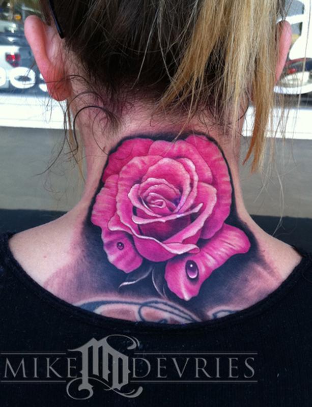 Pink Rose Tattoo I did on a friend back ground is black and grey and will 