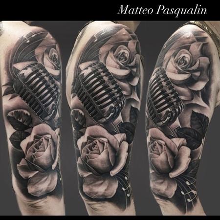 Matteo Pasqualin - Roses and Microphone half sleeve tattoo