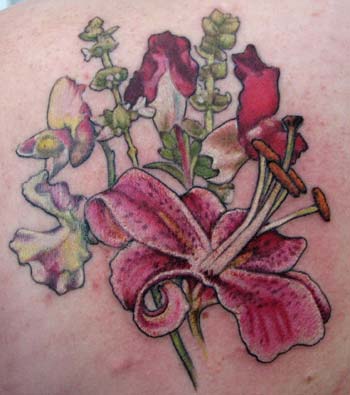 Tattoos - Kim Reed - lily with herbs and flowers
