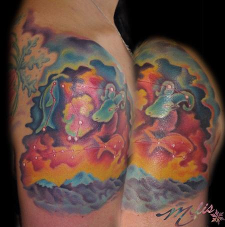 Tattoos - Astrological Nebula Sunset Mountain Scene - 63524