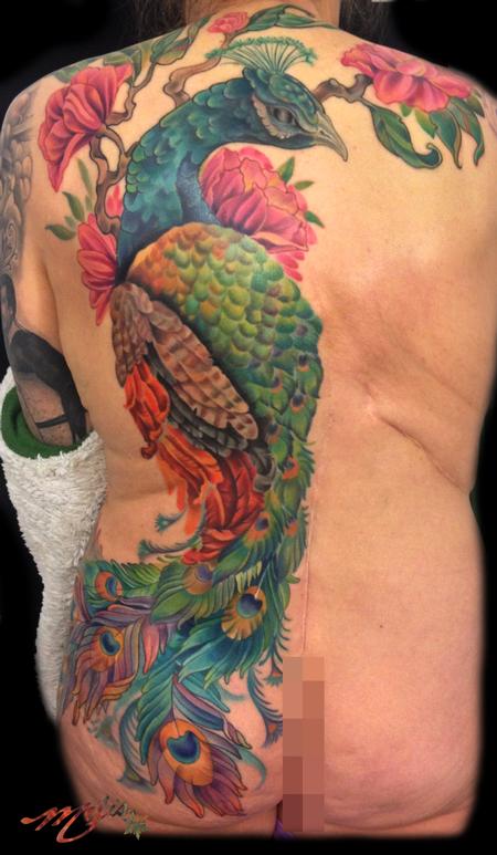 Tattoos - Peacock half back to front upper thigh - 74271