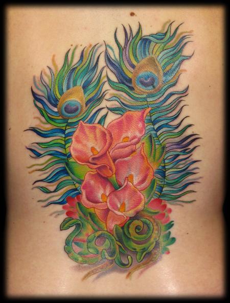 Tattoos - peacock feathers and calla lilies  - 59874