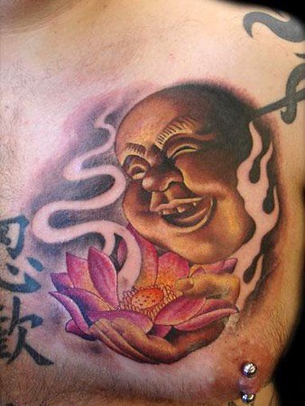 Laughing Buddha over steaming Lotus