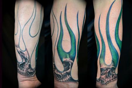 Skull And Flame Sleeve Tattoos