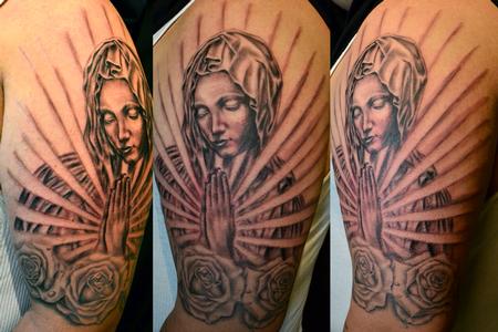 Virgin Mary Tattoo Designs on Tattoos   Black And Gray Tattoos   Virgin Mary Roses Praying Hands