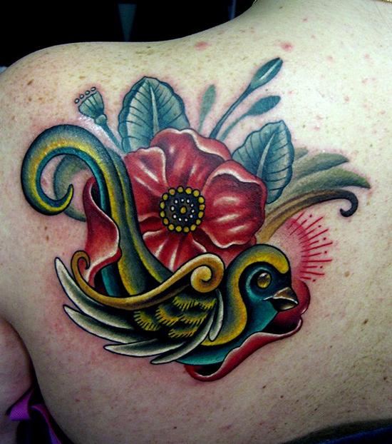 bird tattoo art. Flower and ird tattoo