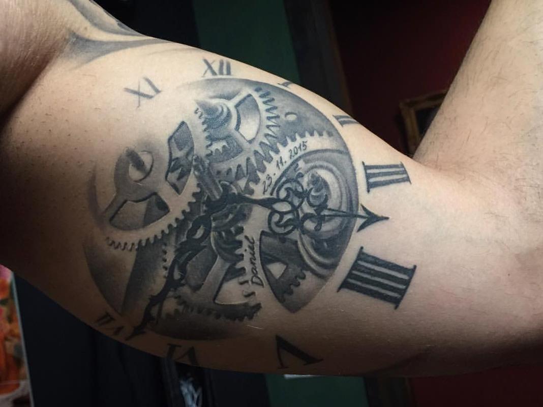 Healed Mechanical Clock Black and Grey by Yarda Tattoos