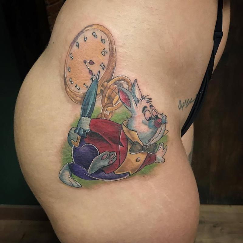 White Rabbit with Pocket Watch in Color by Linn Tattoos