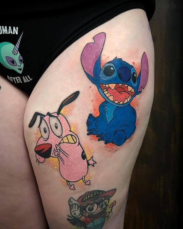cartoon courage and stitch in color by linn tattoos cartoon courage and stitch in color by linn tattoos