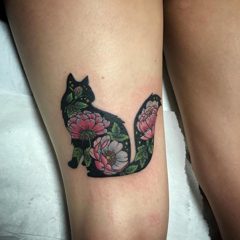 Mystic Eye Tattoo : Tattoos : Nature : Fluffy Black Cat with Flowers in Color