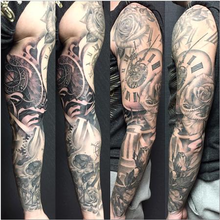 Tattoos - Full Sleeve Astronomic Clock and Skull - 125038