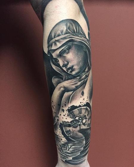 Tattoos - Statue and Clock in Black and Gray - 125327