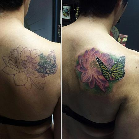Tattoos - Colored Flower and Butterfly Tattoo Cover-Up - 125500