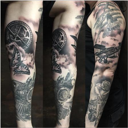 Tattoos - Realistic Full Sleeve Planes and Train - 125531