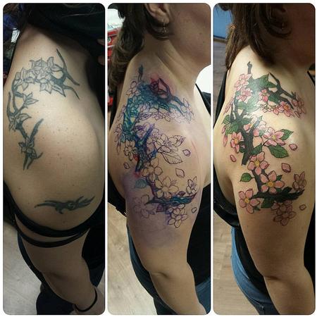 Tattoos - Cover-Up Tattoo of a Tribal with Cherry Flowers - 125752