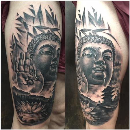 Tattoos - Realistic Buddha with Lotus Flower and Temple - 125735