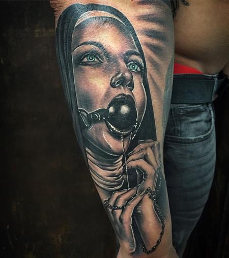 Tattoos - Realistic Masochistic Nun in Black and Gray - 127694
