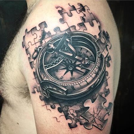 Tattoos - Realistic Compass with Jigsaw Pieces in Black and Gray - 127861
