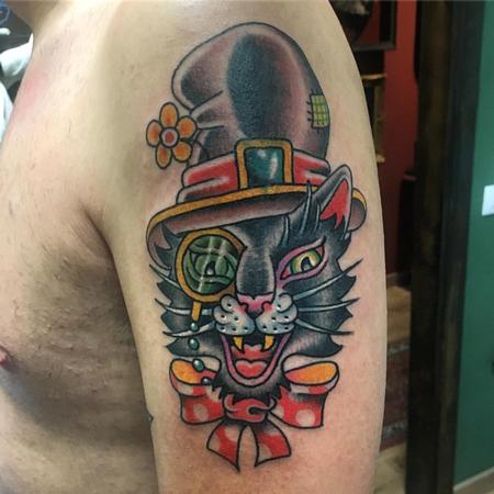 Tattoos - Gato con Sombrero y Monóculo Estilo Tradicional a Color - 128190