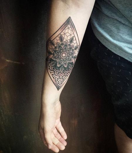 Tattoos - Blackwork Geometrical Tattoo With Flower - 128300