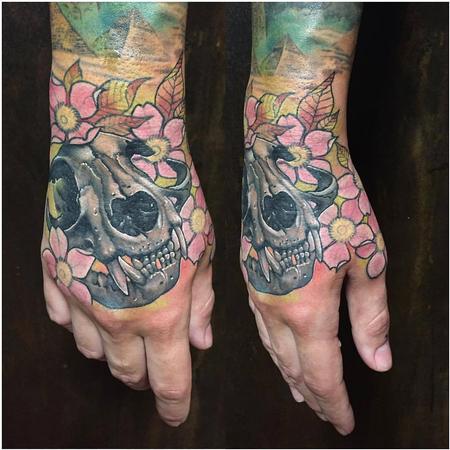 Realistic Cat Skull with Freehand Flowers in Color Design Thumbnail